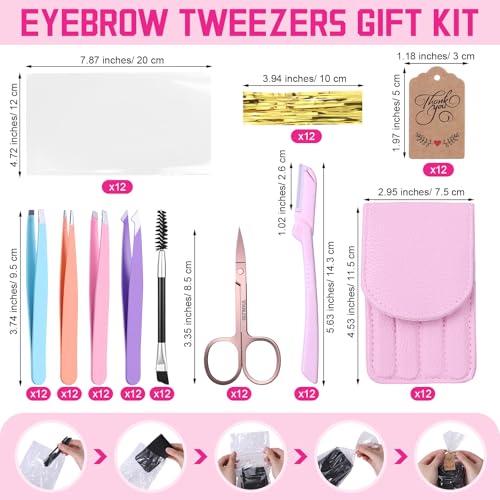 12 Set 6 Pcs Eyebrow Tweezers Kit Christmas Stocking Stuffers Professional Stainless Steel Tweezers Set for Women and Men Facial Hair Splinter and Ingrown Hair Removal(Pink)
