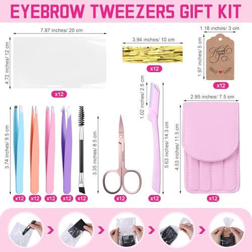 12 Set 6 Pcs Eyebrow Tweezers Kit Christmas Stocking Stuffers Professional Stainless Steel Tweezers Set for Women and Men Facial Hair Splinter and Ingrown Hair Removal(Pink)