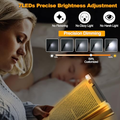 HIONXMGA Book Reading Light,Silent Touch Book Lamp for Reading in Bed,Rechargeable Clip on Booklight with 3 Amber Colors & 7 LEDs Precise Dimming for Eye Caring Night Reading,Book Lovers,Kids,Pink