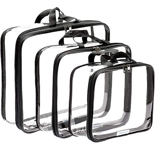 Clear Compression Packing Cubes 3 Set - Large See-Through Plastic Suitcase Bags for Travel - Luggage Compressable Organizers - Transparent PVC Collapsible Cosmetic Bag for Backpack Black