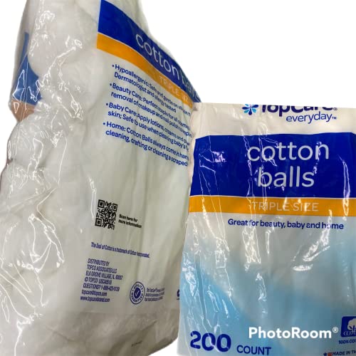 TopCare Triple Size Cotton Balls for Beauty & Personal Care - 200 Count
