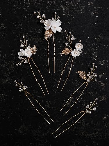 Pearl Bridal Hair Pins Set of 6 - White Flower Design