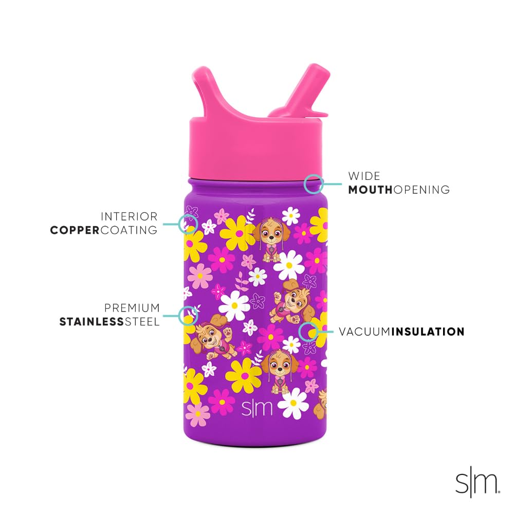 Simple Modern Paw Patrol Kids Water Bottle with Straw Insulated Stainless Steel Toddler Cup for Girls, School | Summit Collection | 14oz, Skye Flowers