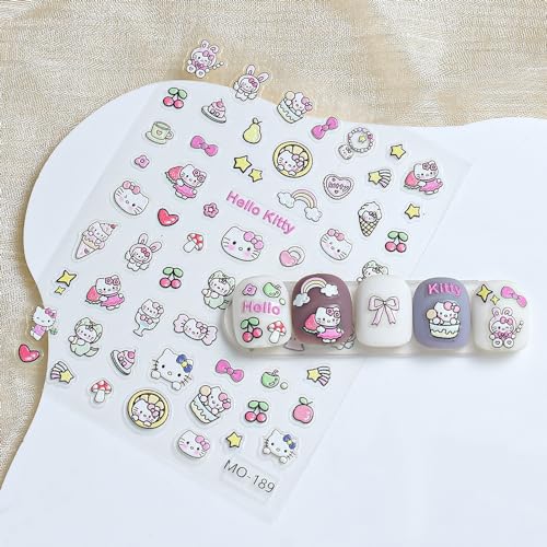 4 Sheets 5D Anime Cartoon Nail Stickers Cute Nail Art Stickers - Relief Flowers Rabbit Clouds Camellia Butterfly Wishing Bottle Nail Decals for Press on Nails Self Adhesive Decorations