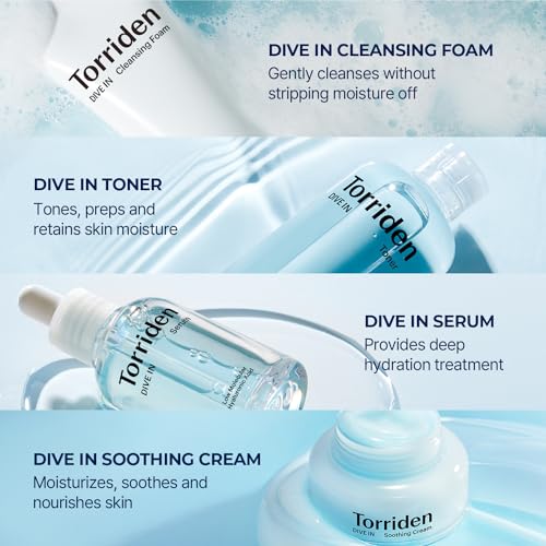 Torriden DIVE-IN Trial Kit, Hyaluronic Acid Infused Daily Skincare Kit - 4 Step Regimen with Foam Cleanser, Facial Toner, Serum, and Cream | Vegan, Hypoallergenic Korean Skin Care