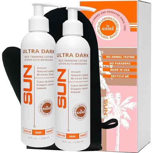 Sun Laboratories Self-Tanning Ultra Dark Sunless Tanning Lotion and Mitt for a Golden Glow - Dark - 2 Pack 8 fl oz Bottles + Mitt
