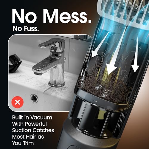 Bell+Howell Vacutrim Deluxe Cordless Mens Beard Trimmer, Rechargeable Electric Shaver with 20 Trim Setting and Built-in Vacuum for Mustache, Sideburns. Facial Hair, Black, 7.5", As Seen On TV