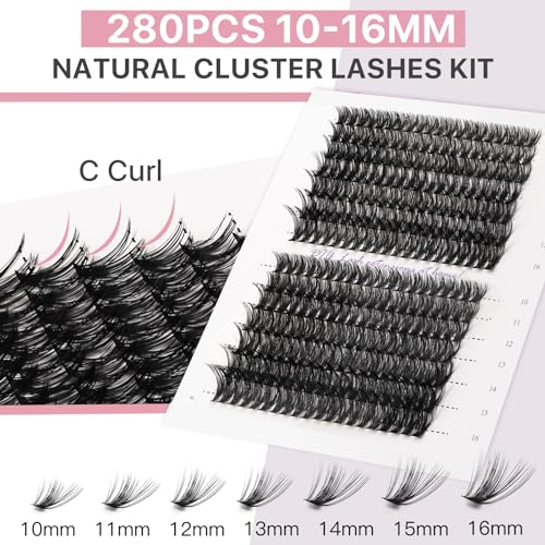 Lash Extension Kit 280Pcs C Curl Wispy 10-16MM Clusters