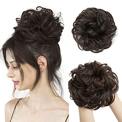 CJL HAIR Large Messy Bun Hair Piece Wavy Curly Scrunchies Synthetic Chignon Ponytail Hair Extensions Thick Updo Hairpieces for Women (Wavy, Curly, Dark Brown)