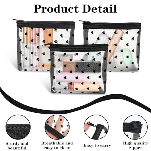 10pcs Mini Mesh Makeup Bags Zipper, Heart Print Cosmetic Bags 3D Heart-shaped Storage Pouch Small Nylon Organizer Purse Bag for Women Lipstick Travel Home Offices Toiletry(Beige)