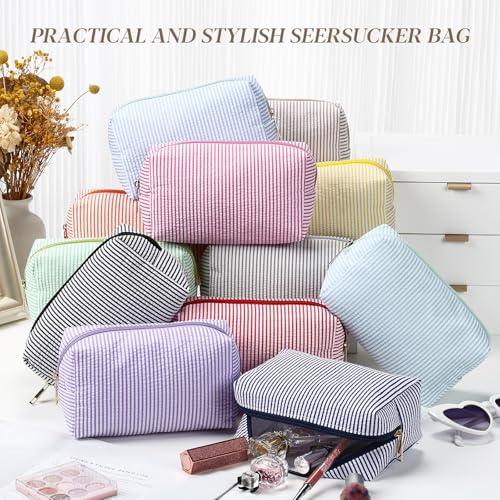 Sanwuta 12 Pcs Seersucker Cosmetic Bags, Striped Makeup Pouches Bulk