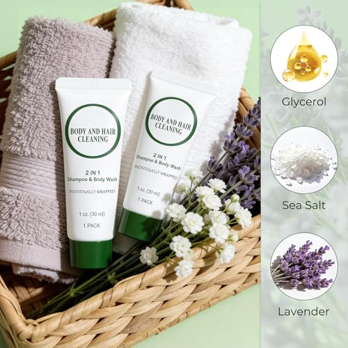 Travel Size 2-in-1 Shampoo and Body Wash Bulk, Individually Wrapped Trial Mini Shampoo and Shower Gel, Small Men Women Cleansing Toiletries Amenities for Hotel/ Vacation/ Homeless 1 oz (Pack of 60)
