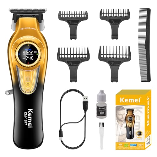 KEMEI 1677 Beard Trimmer for Men, Professional Hair Clippers, Cordless Barber Clipper with LED Display, DLC T-Blade Hair Trimmer, 8000 RPM Turbo Brushless Motor
