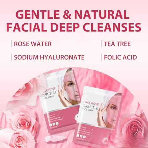 Pack of 10 Pink Rose O2 Bubble Face Masks Skincare, Spa Presents for Women, Bubble Face Sheet Mask Cleaner Foaming Purifying Facial Mask for Acne and Pores Moisturizing Beauty Sheet Masks