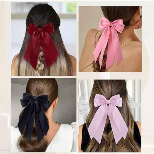 6Pcs Bow Hair Ties Non-Damage Ponytail Holders Hair Bows Ribbon for Women Fashion Bows Accessories for Girls Elastic Hair Bands(White/Pink/Red/Black)