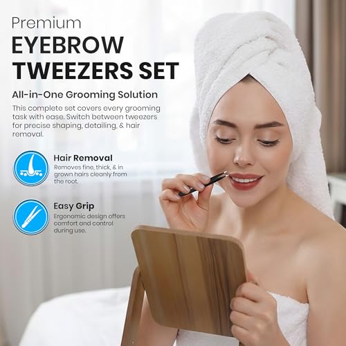 Premium Eyebrow Tweezers Set ? 4 Professional Stainless Steel Tweezers with Travel Leather Case ? Precision Tip, Slanted, Pointed & Flat Tweezers for Eyebrow Shaping, Ingrown Hair & Splinter Removal