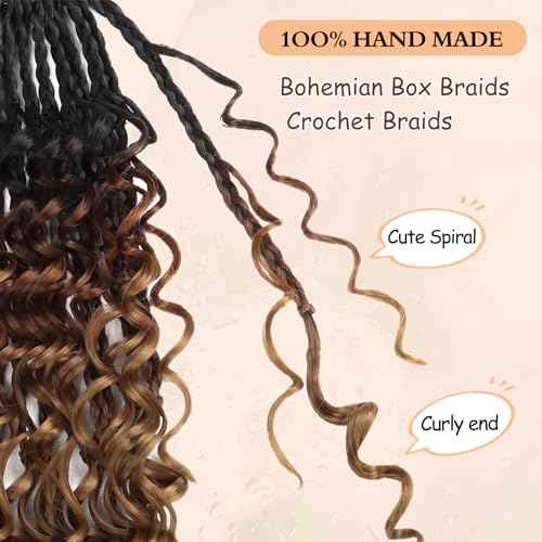 8 Packs Boho Box Crochet Braids Pre Looped with Curly Ends - 8 Inch Goddess Bohemian Box Crochet Hair for Black Women Synthetic 3X Boho Braids Crochet Hair Extensions Pre Looped T1B-33-30