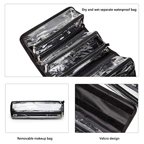 ROYALFAIR Black Roll Up Makeup & Toiletry Bag with 4 TSA Pouches - Travel Organizer for Men & Women