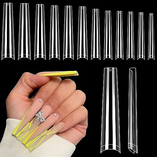 3XL NO C Curve Coffin Nail Tips for Acrylic Nails Professional, 504PCS Clear Extra Long Tapered Square Nail Tips, 12 Sizes Straight Press On Gel Nail Tips for Nail Salons Home DIY