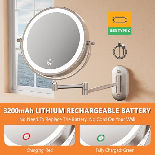 Auxmir 8" 1X/30X Wall Mounted Makeup Mirror, Rechargeable LED Lights