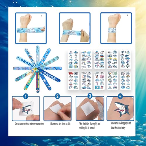 Shark Party Favors Set - 24 Slap Bracelets & 100 Tattoos