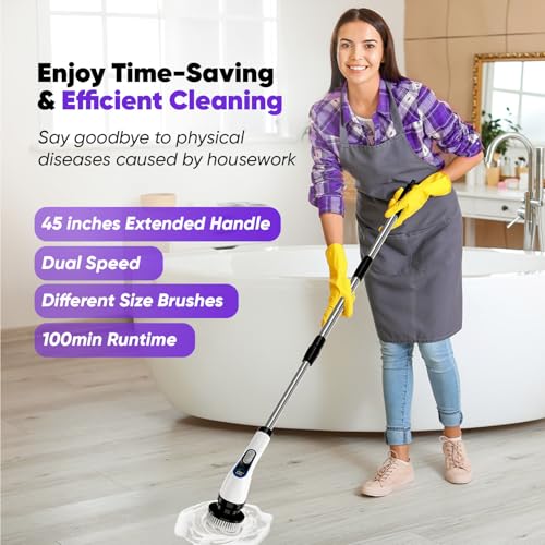 Electric Spin Scrubber Cordless ? Powerful Bathroom Cleaning Brush with Long Handle, 2 Speeds, 3000mAh Rechargeable, 7 Brush Heads, Wall Hanger & Crevice Tools ? Shower, Tub & Tile Cleaner
