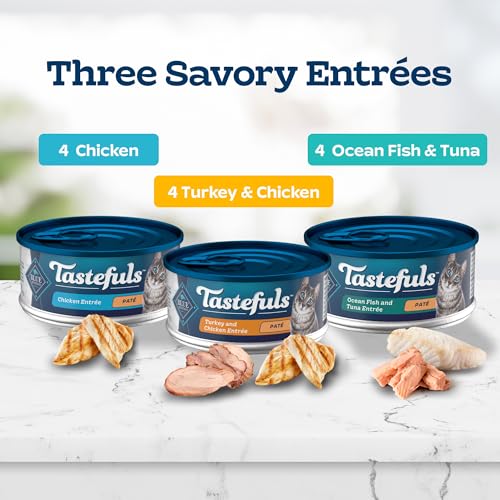 Blue Buffalo Tastefuls Wet Cat Food Paté Variety Pack, Made with Natural Ingredients | Chicken, Turkey & Chicken, and Ocean Fish & Tuna Entrées, 5.5-oz. Cans (12 Count, 4 of Each)