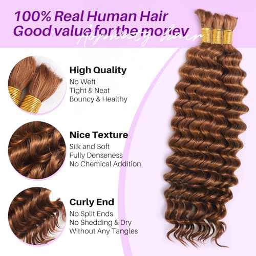 Human Braiding Hair for Boho Braids, Deep Wave Bulk Boho Braids Human Hair for Knotless Curly Bohemian Water Wave Braiding 110g 22 Inch Auburn Ginger (3 No Weft Bundles/Pack)