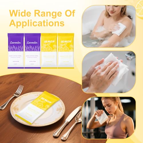 Moist Cotton Towels, 10"x10" Disposable Refreshment Pre Moistened Towels Individually Wrapped Face & Body Wet Moist Terry Cotton Towelettes for Travel Hotel Sport Camping Spa (Lavender Lemon 100Pcs)