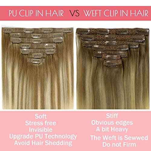 Loxxy Seamless Clip in Extensions Remy Human Hair Thick End Invisible Balayage PU Clip in Skin Weft Hair Extensions Natural Straight 16Inch 110gram 7 PCS Light Brown Fading To Bleach Blonde #B8/60