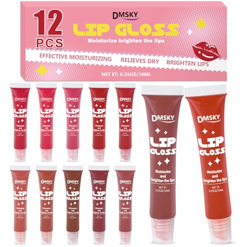 Dmsky Lip Gloss Set 12 Pack,12 Colors Lip Gloss for Women, Moisturizing Lip Gloss Bulk with Vitamin E for Dry Cracked Lips