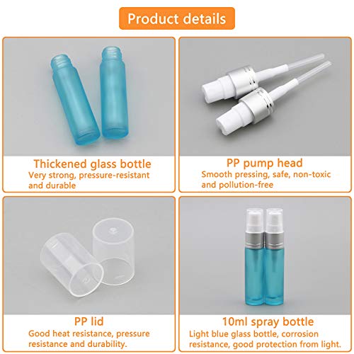 Ellbest 10ml Glass Spray Bottle Fine Mist Spray Bottles Perfume Atomizer for Travel, Cleaning (10Matte Blue Bottles &5 Droppers &10 Funnels& Dot Labels)