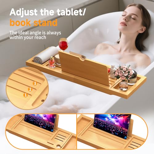 Bamboo Bathtub Caddy Tray with Expandable Sides