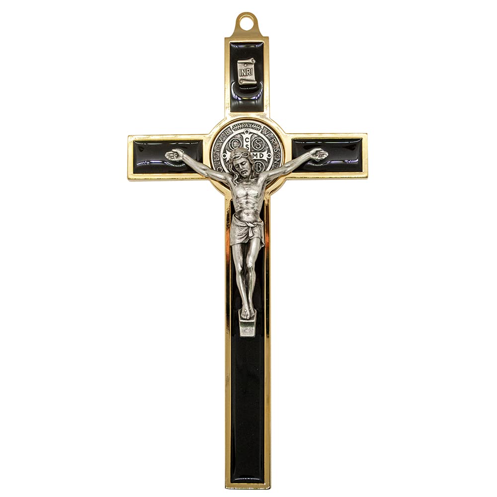 Small Saint Benedict Wall Cross | Patron Saint of Students | 5.75" Tall | Gold-Tone Accents | Great Catholic Gift for Baptism, First Holy Communion, and Confirmation | Christian Home Décor (Brown)