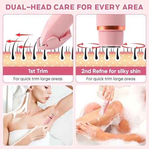 2 in 1 Women Electric Shaver Dual Head Bikini Trimmer for Women IPX7 Waterproof Wet & Dry Use Body Hair Trimmer and Facial Hair Remover for Bikini Underarm Leg Arm Body Face