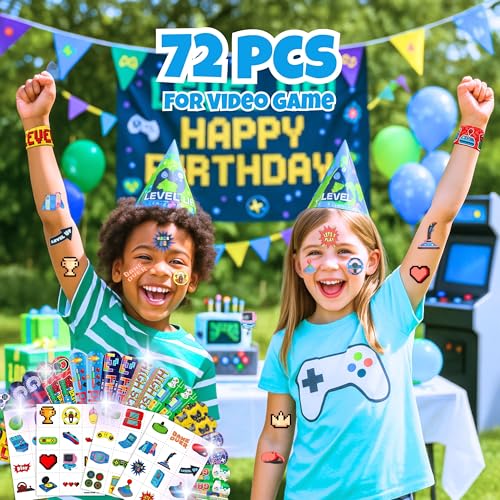 Cherisnowy 72PC Video Game Party Favors - 48 Tattoos & 24 Slap Bracelets