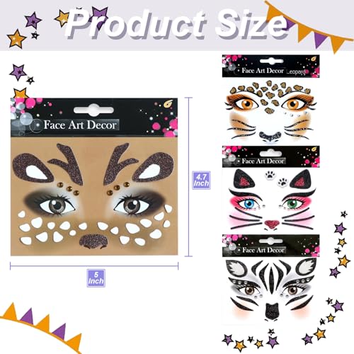 Halloween Face Tattoo Stickers - Leopard, Cat, Elk, Zebra (4 Pack)