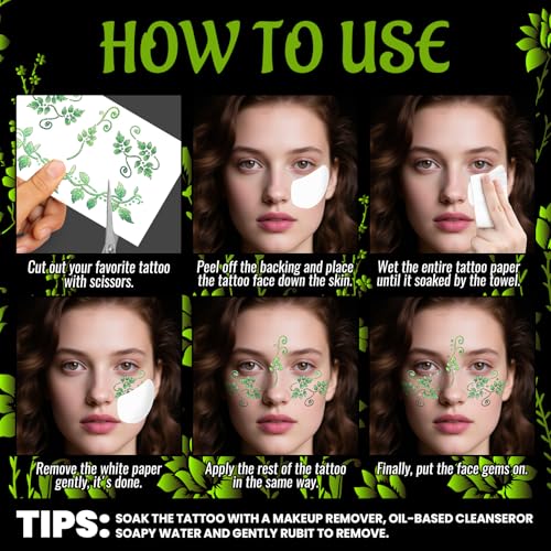 Cerlaza Glitter Leaf Face Tattoos & Gems Halloween Makeup Kit