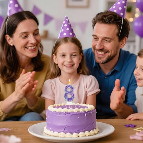 Number 8 Birthday Candle - Purple & Silver Glitter Cake Topper