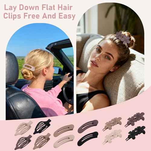 12 Pack Flat Hair Clips Set for Women ?Matte Neutral Claw Clips, Flat Barrettes & Flower Hair Pins in Black, Blonde,Light Brown & Dark Brown, Strong Hold Styling Accessories for Thick & Thin Hair