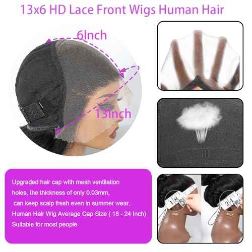 30 Inch 13x6 Body Wave Lace Front Wigs Human Hair 200 Density HD Transparent Lace Frontal Wigs Human Hair Elastic Drawstring Glueless Wigs Human Hair Wig For Black Women (Black, 30INCH, bodyA)