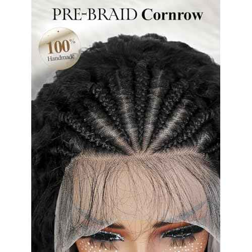 Fancy Hair Braided 13x4 Lace front Wigs with Baby Hair Cornrows with Kinky Curly Hair Wigs for Black Women 18 Inch Pre Plucked HD Lace Frontal Deep Wave Full & Thick Yaki 4C Texture Natural Hairstyle