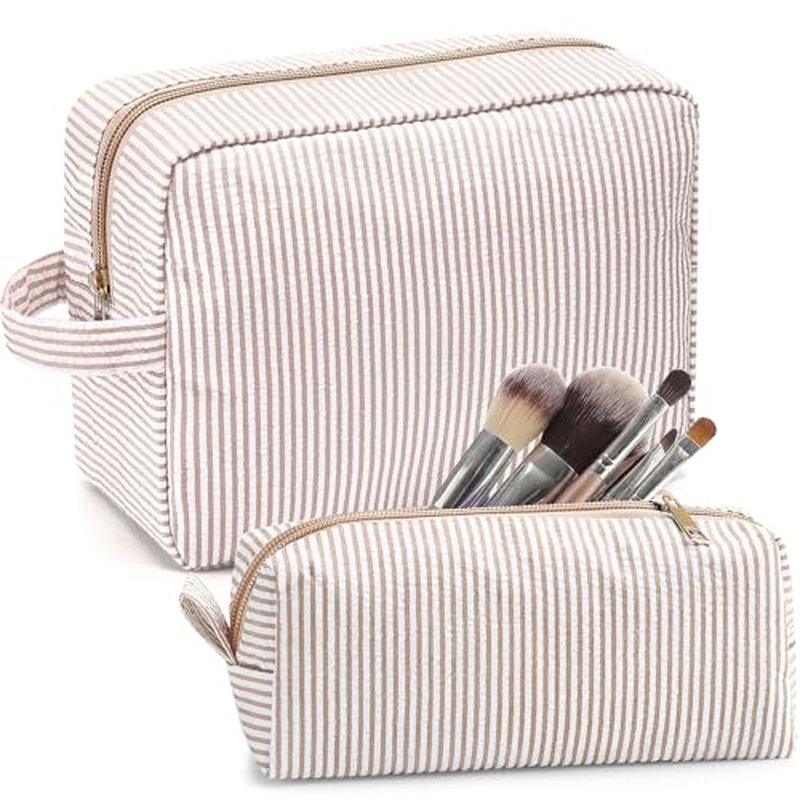 Sanwuta 2-Piece Seersucker Makeup Bag Set - Travel Toiletry Pouches