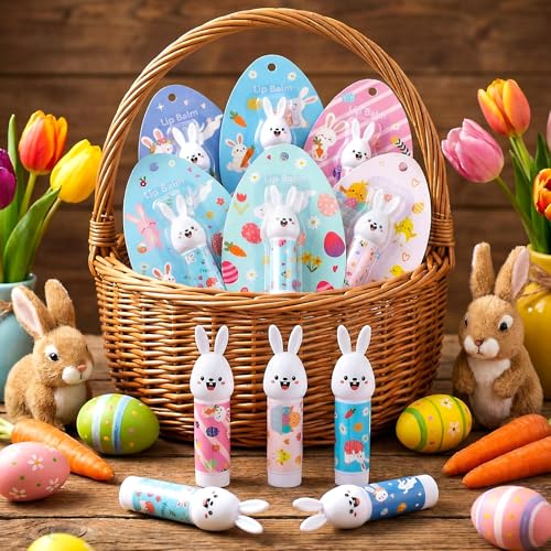 Loopeer 36 Pcs Easter Gifts Bulk Bunny Lip Balm Beeswax Moisturizing 0.18 oz Spring Basket Stuffers Christian Church Party Favors Easter Egg Goodie Bag Fillers for Women Adult Employee Coworker