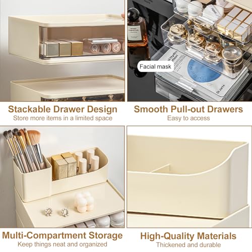 DASITON Makeup Organizer for Vanity with 2 Drawers, Stackable Cosmetic Organizer with Makeup Brush Holder, Plastic Bathroom Organizer Skincare Storage for Brushes, Eyeshadow, Lotions, Lipstick (Cream)