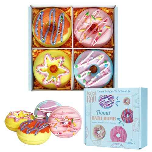 KAV Donut Bath Bombs Gift Set ? 4 Piece Handmade Organic Bath Bomb Kit with Essential Oils ? Relaxation Spa Gift for Women, Men, Teens, Kids ? Self Care & Aromatherapy Soak