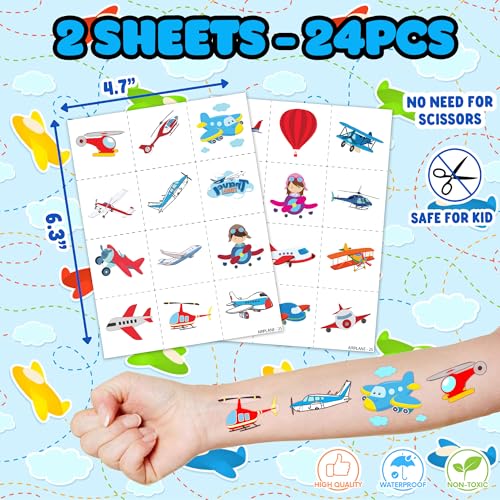 Airplane Party Favors Set - 24 Tattoos & 12 Stamps