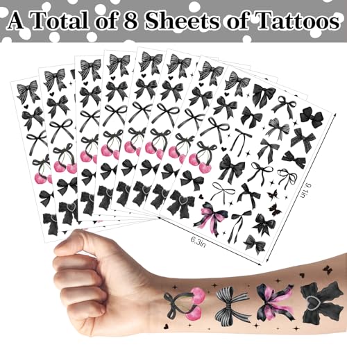 JarThenaAMCS 304Pcs Bow Temporary Tattoo Sticker Black Bowknot Cherry Fake Tattoo Coquette Bachelorette Birthday Party Favor for Body Art Decor Game Gift, 8 Sheets