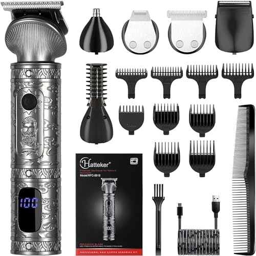 Hatteker Beard Trimmer Kit for Men Professional Hair Clipper T-Blade Beard Hair Shaver Nose Trimmer Hair Cutting Kit Body Grooming Kit Cordless 6 in 1