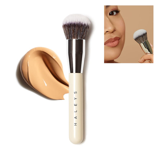 HALEYS Kabuki Makeup Brush, Sustainable Wood, Cruelty-Free Vegan Bristles for Airbrushed Finish, For Creams, Liquids, Powder, Streak-free, Perfect Blending, Buffs, Blurs, Smooths with Control